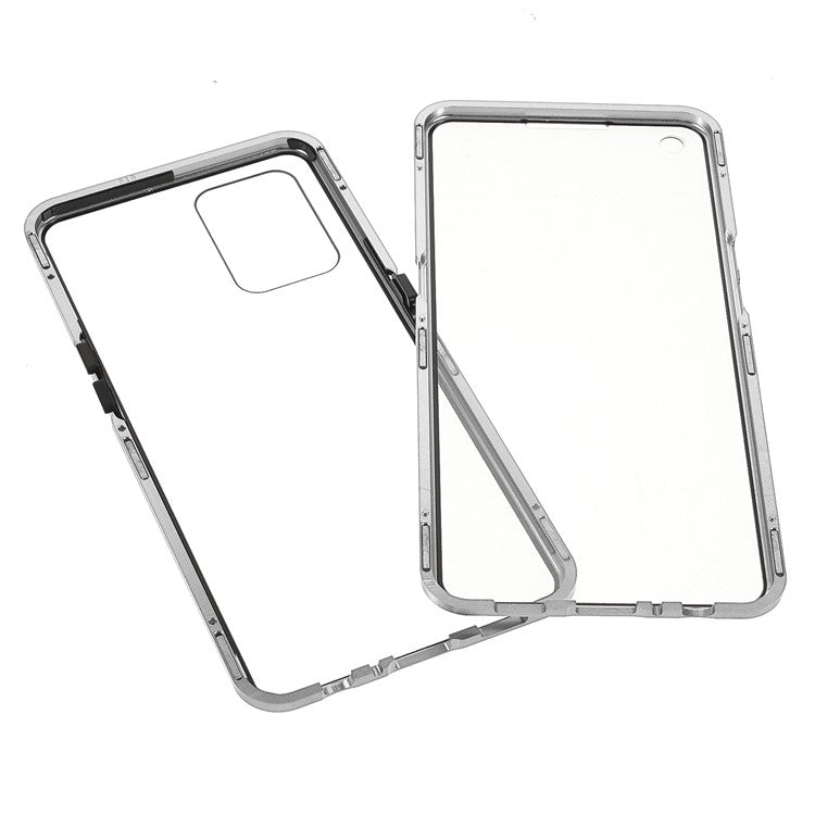 Metal Frame + Double-sided Tempered Glass Hybrid Cover Magnetic Absorption Full Coverage Phone Case for Oppo A74 4G/F19 - Silver