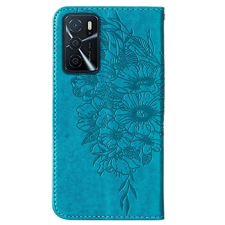Wallet Design Case Imprinting Big Butterfly Flower Pattern Anti-scratch Drop-proof PU Leather Stand Phone Cover with Strap for Oppo A16/A16s/A54s/A55 5G - Blue