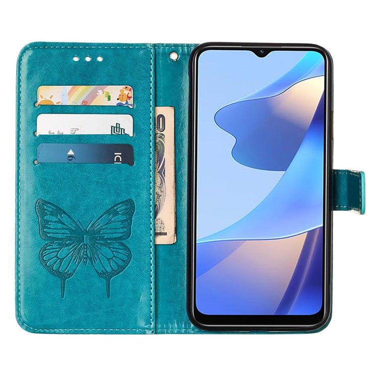 Wallet Design Case Imprinting Big Butterfly Flower Pattern Anti-scratch Drop-proof PU Leather Stand Phone Cover with Strap for Oppo A16/A16s/A54s/A55 5G - Blue