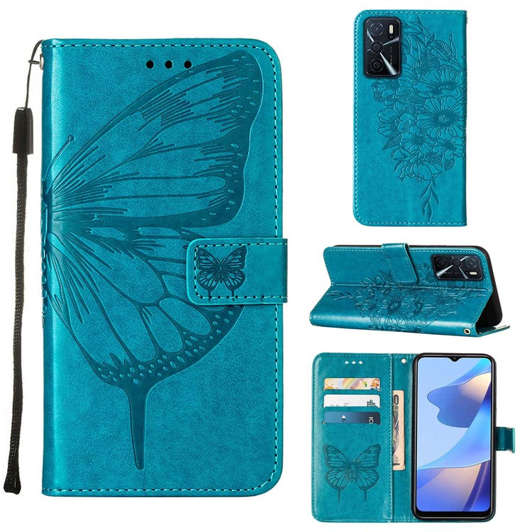 Wallet Design Case Imprinting Big Butterfly Flower Pattern Anti-scratch Drop-proof PU Leather Stand Phone Cover with Strap for Oppo A16/A16s/A54s/A55 5G - Blue