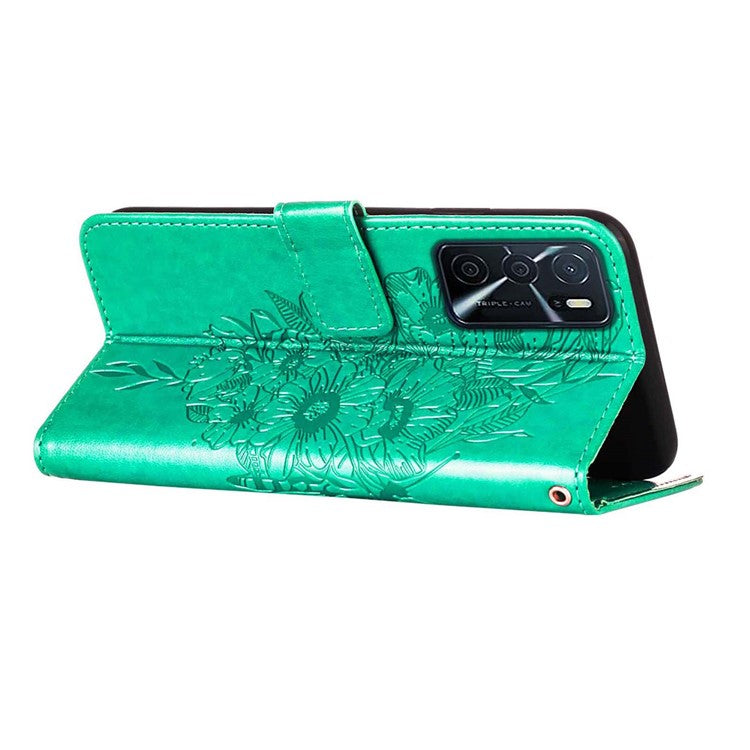 Wallet Design Case Imprinting Big Butterfly Flower Pattern Anti-scratch Drop-proof PU Leather Stand Phone Cover with Strap for Oppo A16/A16s/A54s/A55 5G - Green