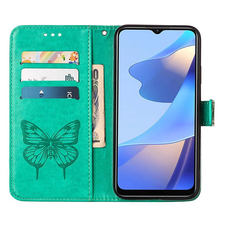 Wallet Design Case Imprinting Big Butterfly Flower Pattern Anti-scratch Drop-proof PU Leather Stand Phone Cover with Strap for Oppo A16/A16s/A54s/A55 5G - Green