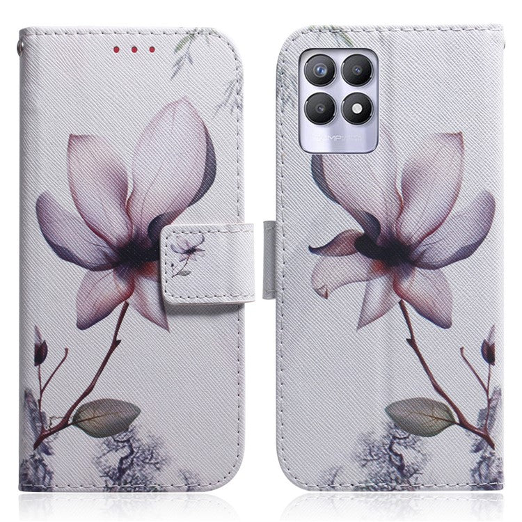 Pattern Printing Full Body Protective PU Leather Phone Case Stand Magnetic Wallet Folio Cover for Realme 8i/Narzo 50 4G - Magnolia Flower