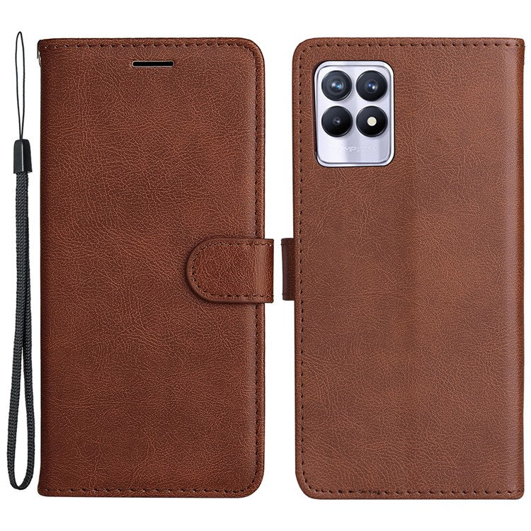 For Realme 8i/Narzo 50 4G KT Leather Series-2 Solid Color Anti-scratch PU Leather Shell Magnetic Closure Wrist Strap Phone Cover with Wallet Stand - Brown