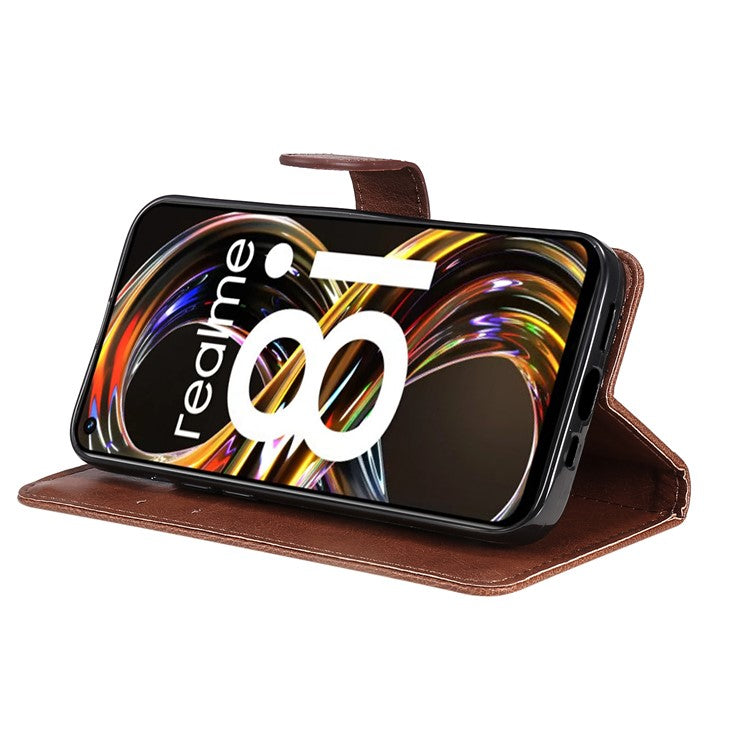 For Realme 8i/Narzo 50 4G KT Leather Series-2 Solid Color Anti-scratch PU Leather Shell Magnetic Closure Wrist Strap Phone Cover with Wallet Stand - Brown