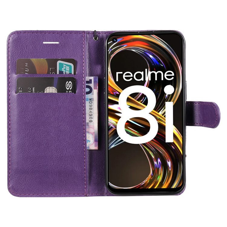 For Realme 8i/Narzo 50 4G KT Leather Series-2 Solid Color Anti-scratch PU Leather Shell Magnetic Closure Wrist Strap Phone Cover with Wallet Stand - Purple