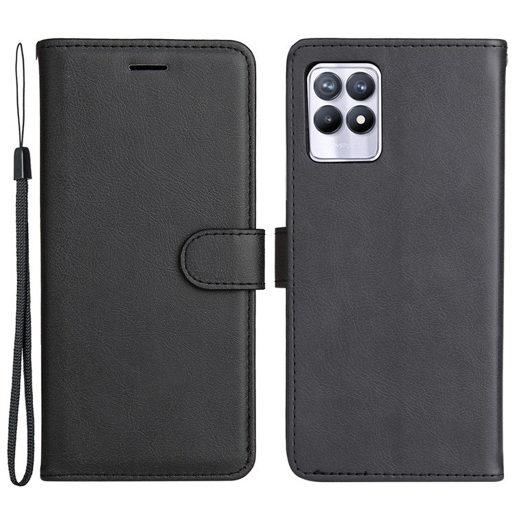 For Realme 8i/Narzo 50 4G KT Leather Series-2 Solid Color Anti-scratch PU Leather Shell Magnetic Closure Wrist Strap Phone Cover with Wallet Stand - Black