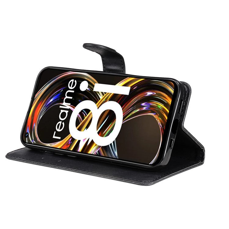 For Realme 8i/Narzo 50 4G KT Leather Series-2 Solid Color Anti-scratch PU Leather Shell Magnetic Closure Wrist Strap Phone Cover with Wallet Stand - Black