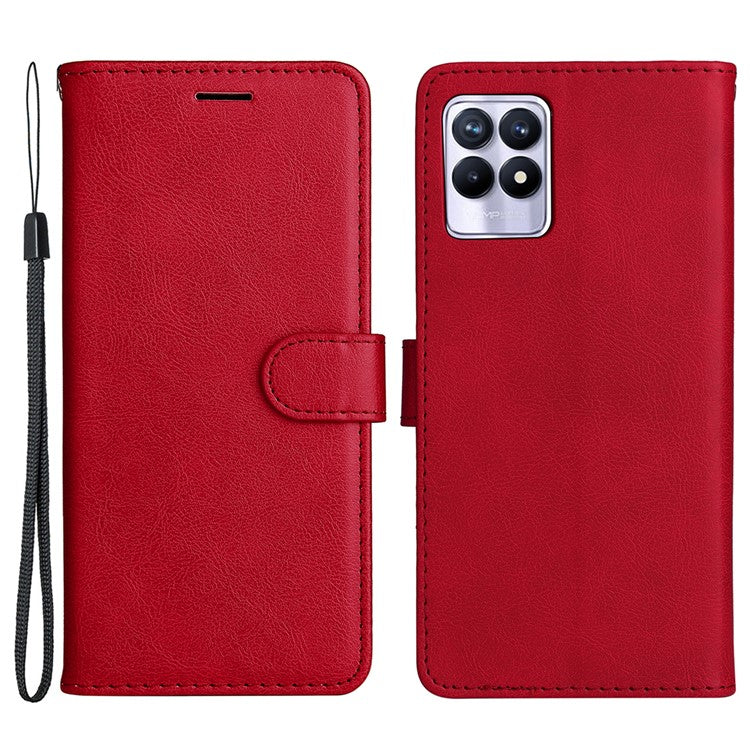 For Realme 8i/Narzo 50 4G KT Leather Series-2 Solid Color Anti-scratch PU Leather Shell Magnetic Closure Wrist Strap Phone Cover with Wallet Stand - Red