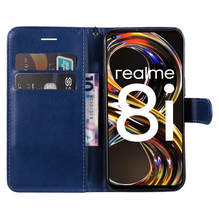 For Realme 8i/Narzo 50 4G KT Leather Series-2 Solid Color Anti-scratch PU Leather Shell Magnetic Closure Wrist Strap Phone Cover with Wallet Stand - Blue