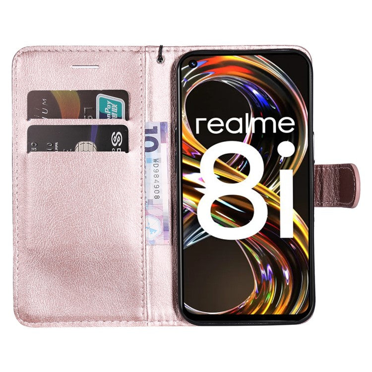 For Realme 8i/Narzo 50 4G KT Leather Series-2 Solid Color Anti-scratch PU Leather Shell Magnetic Closure Wrist Strap Phone Cover with Wallet Stand - Rose Gold