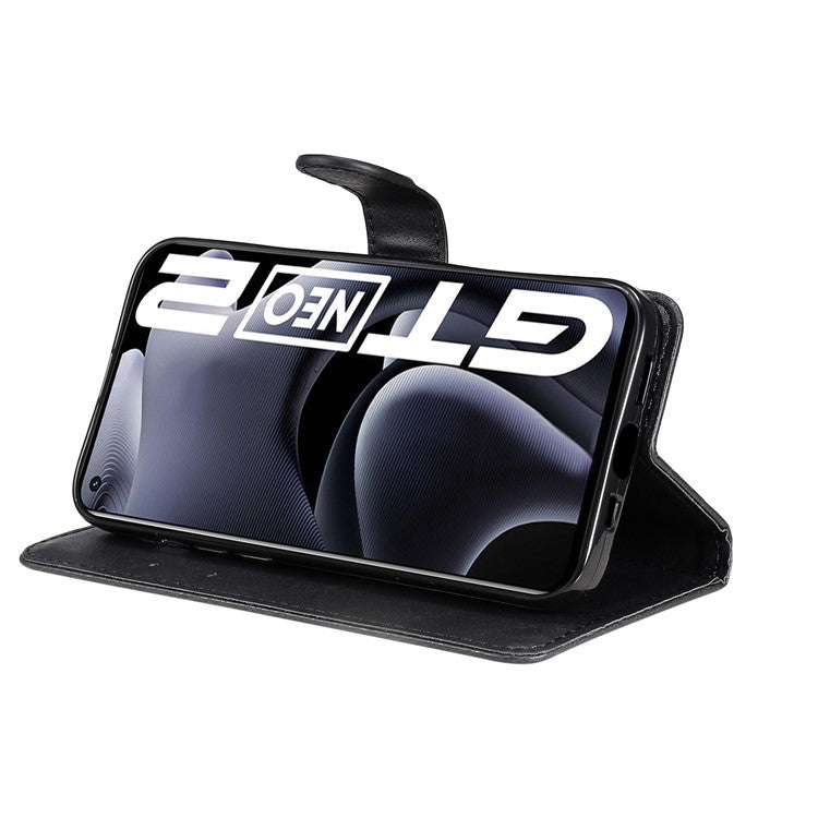 KT Leather Series-2 Solid Color Anti-drop PU Leather Case Magnetic Closure Phone Protective Cover with Wallet Stand for Realme GT Neo2 5G/GT Neo 3T 5G  - Black