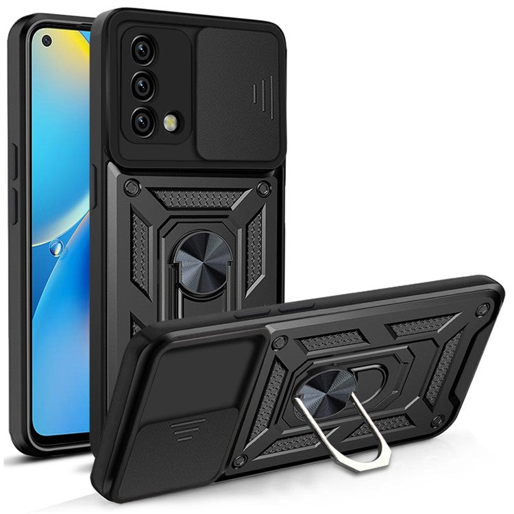 For Oppo A74 4G Camera Slide Cover Ring Holder Kickstand Shockproof PC + TPU Phone Case - Black