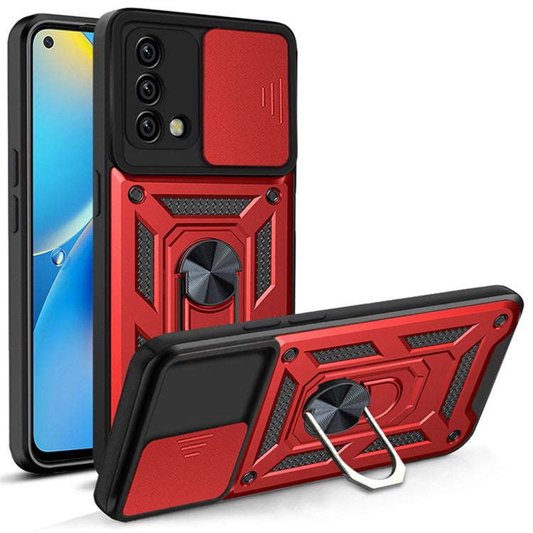 For Oppo A74 4G Camera Slide Cover Ring Holder Kickstand Shockproof PC + TPU Phone Case - Red