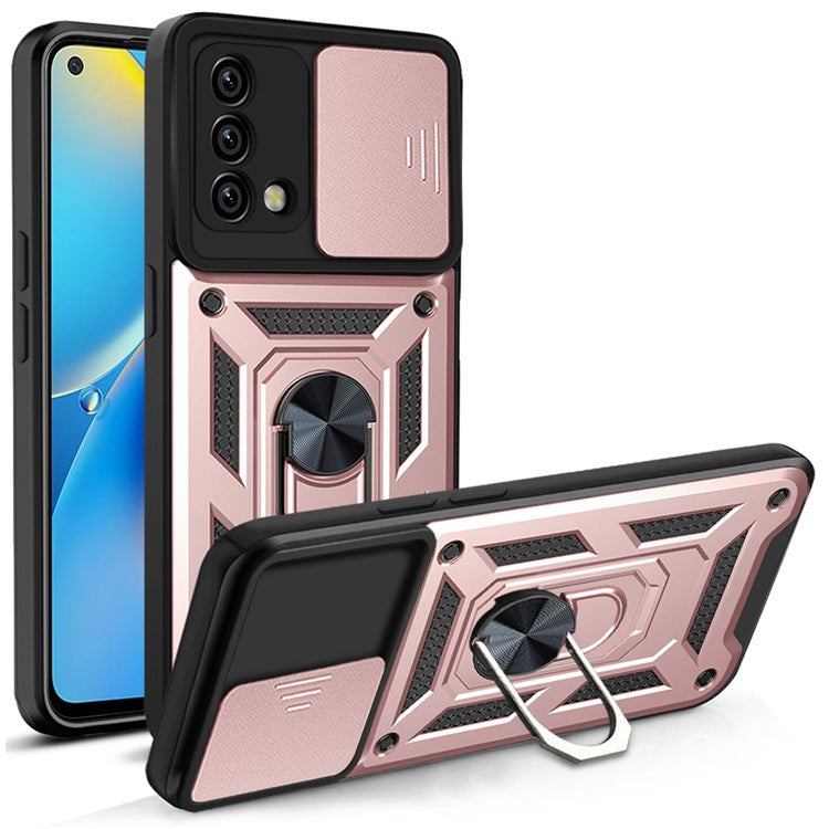 For Oppo A74 4G Camera Slide Cover Ring Holder Kickstand Shockproof PC + TPU Phone Case - Rose Gold
