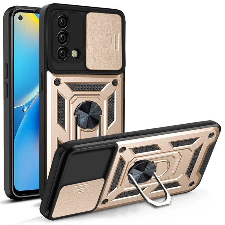 For Oppo A74 4G Camera Slide Cover Ring Holder Kickstand Shockproof PC + TPU Phone Case - Gold