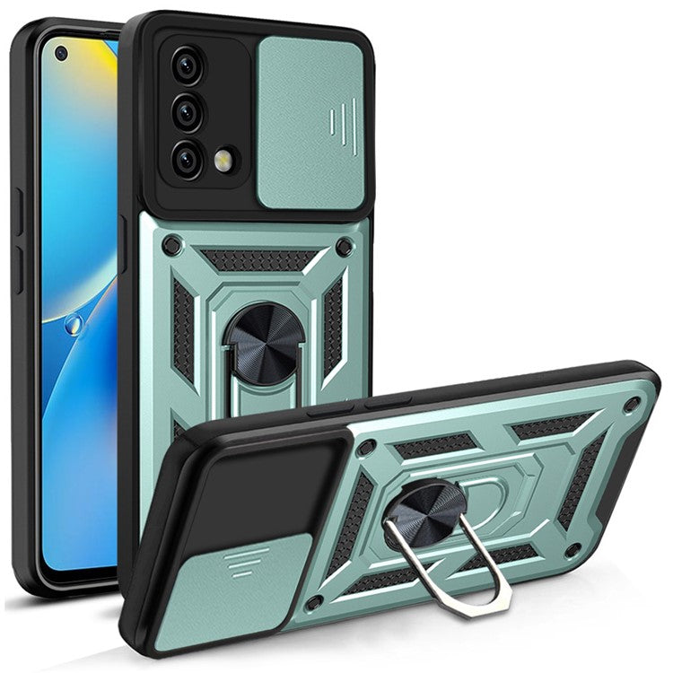 For Oppo A74 4G Camera Slide Cover Ring Holder Kickstand Shockproof PC + TPU Phone Case - Green