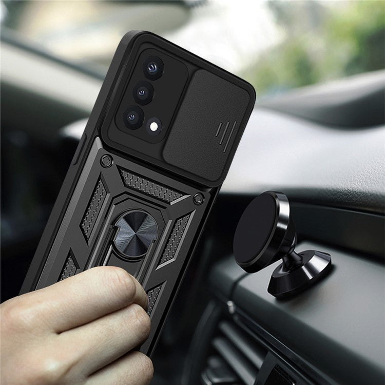 For Oppo A74 4G Camera Slide Cover Ring Holder Kickstand Shockproof PC + TPU Phone Case - Green