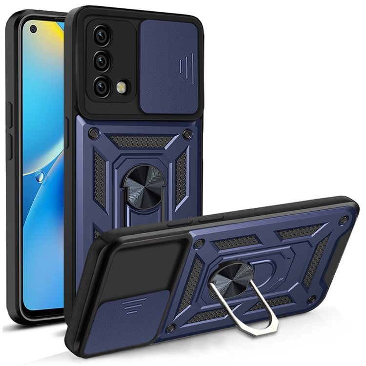 For Oppo A74 4G Camera Slide Cover Ring Holder Kickstand Shockproof PC + TPU Phone Case - Blue