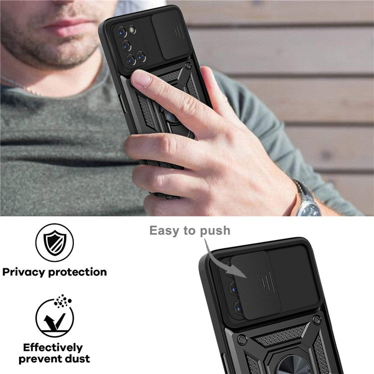 Ring Holder Kickstand Camera Slide Cover Design PC + TPU Phone Back Cover Case for OPPO A52/A72/A92 - Black