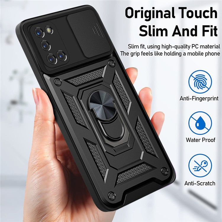 Ring Holder Kickstand Camera Slide Cover Design PC + TPU Phone Back Cover Case for OPPO A52/A72/A92 - Black