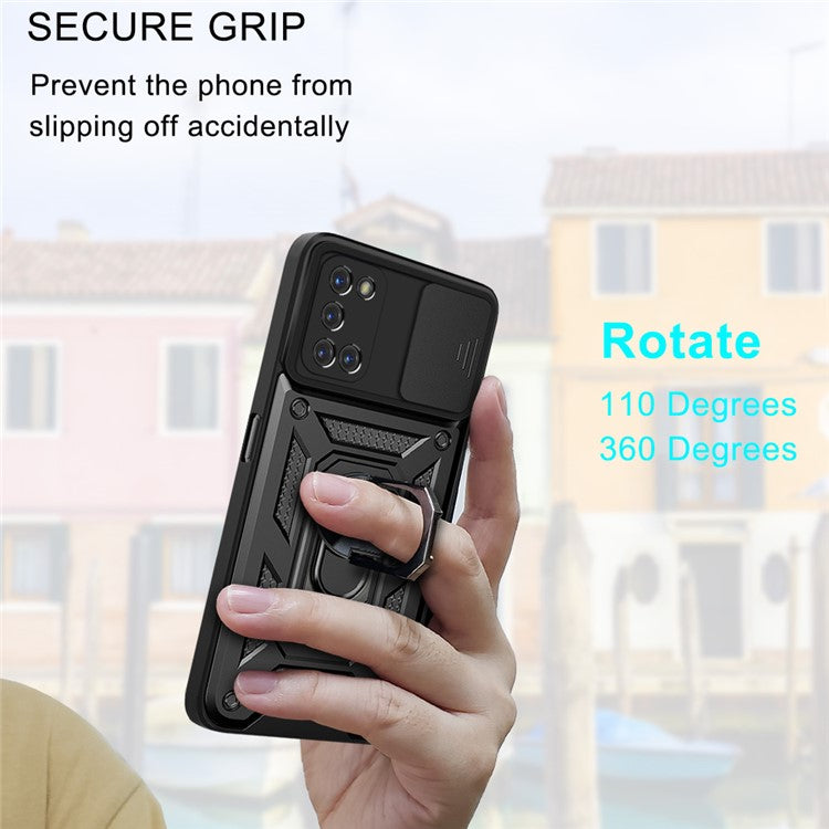 Ring Holder Kickstand Camera Slide Cover Design PC + TPU Phone Back Cover Case for OPPO A52/A72/A92 - Black