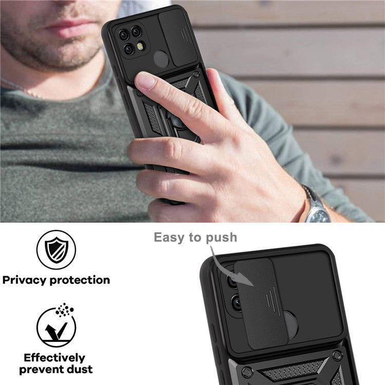 Camera Slide Cover Shockproof Anti-fall Ring Holder Kickstand PC + TPU Phone Cover Case for Realme C21 - Black