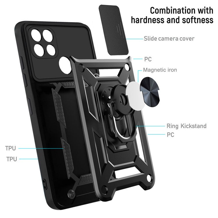 Camera Slide Cover Shockproof Anti-fall Ring Holder Kickstand PC + TPU Phone Cover Case for Realme C21 - Black