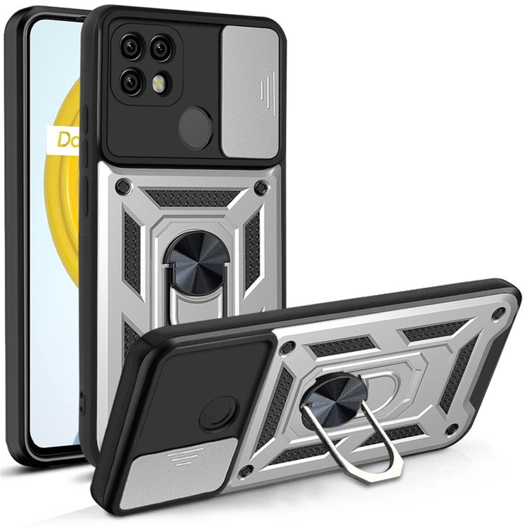 Camera Slide Cover Shockproof Anti-fall Ring Holder Kickstand PC + TPU Phone Cover Case for Realme C21 - Silver