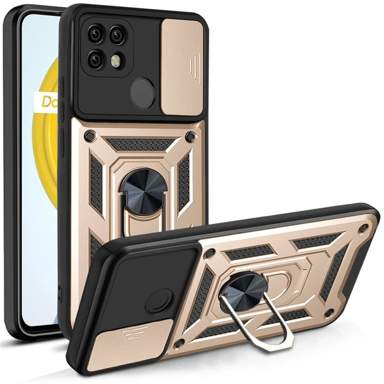 Camera Slide Cover Shockproof Anti-fall Ring Holder Kickstand PC + TPU Phone Cover Case for Realme C21 - Gold