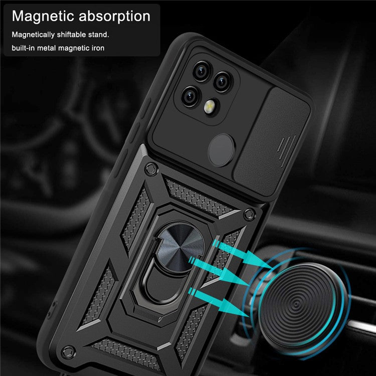 Camera Slide Cover Shockproof Anti-fall Ring Holder Kickstand PC + TPU Phone Cover Case for Realme C21 - Gold