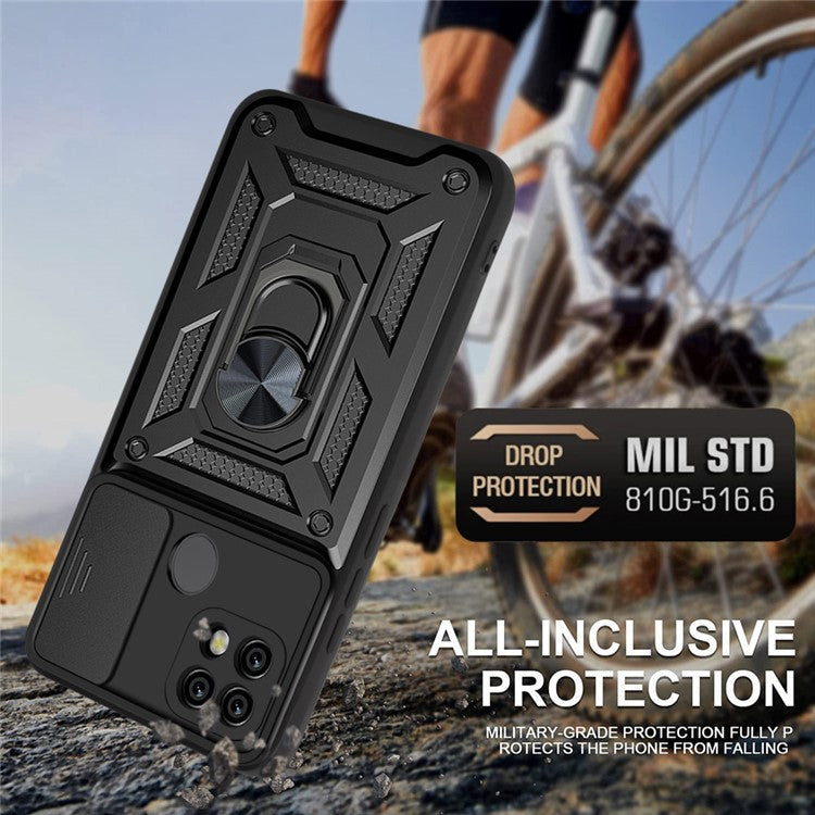 Camera Slide Cover Shockproof Anti-fall Ring Holder Kickstand PC + TPU Phone Cover Case for Realme C21 - Gold