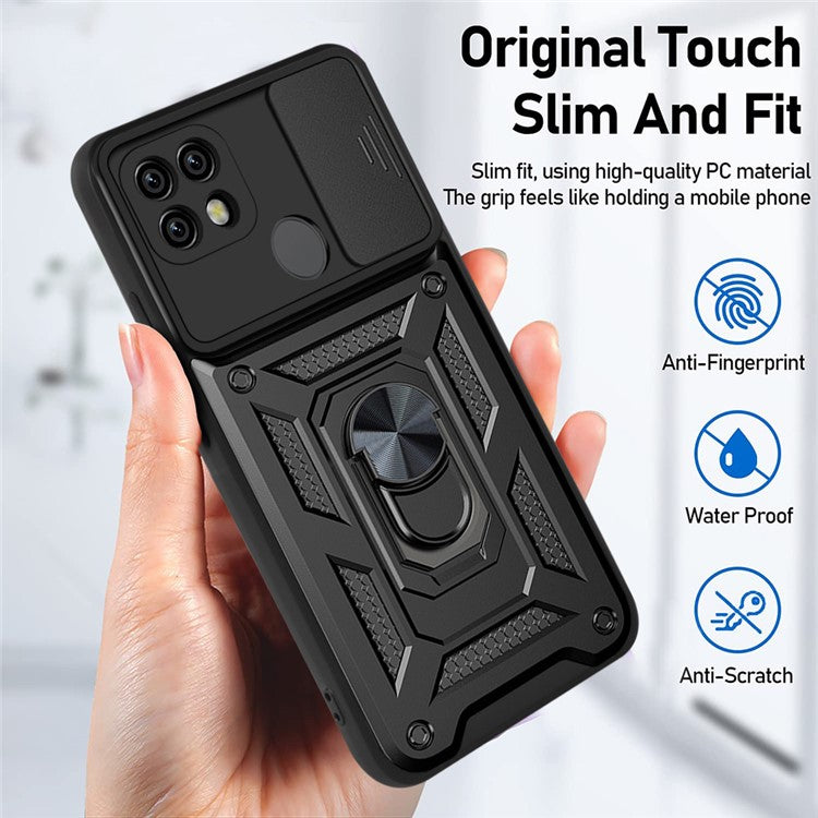 Camera Slide Cover Shockproof Anti-fall Ring Holder Kickstand PC + TPU Phone Cover Case for Realme C21 - Gold