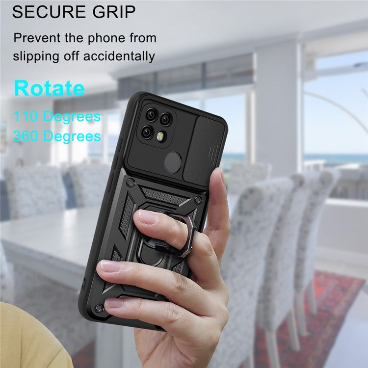 Camera Slide Cover Shockproof Anti-fall Ring Holder Kickstand PC + TPU Phone Cover Case for Realme C21 - Gold