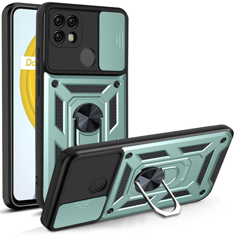 Camera Slide Cover Shockproof Anti-fall Ring Holder Kickstand PC + TPU Phone Cover Case for Realme C21 - Green