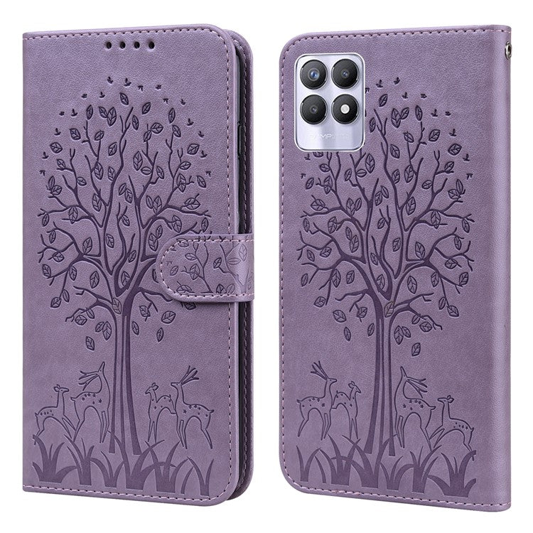 For Realme 8i/Narzo 50 4G Deer Tree Pattern Imprint PU Leather Wallet Stand Mobile Phone Protective Cover Shell - Purple