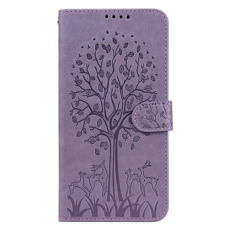 For Realme 8i/Narzo 50 4G Deer Tree Pattern Imprint PU Leather Wallet Stand Mobile Phone Protective Cover Shell - Purple