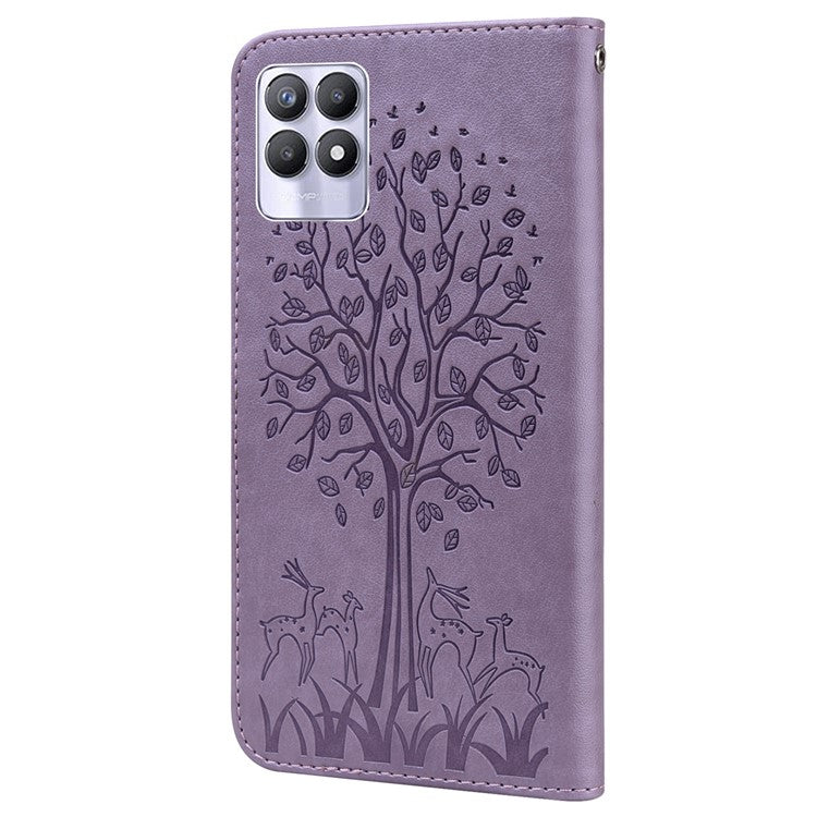 For Realme 8i/Narzo 50 4G Deer Tree Pattern Imprint PU Leather Wallet Stand Mobile Phone Protective Cover Shell - Purple