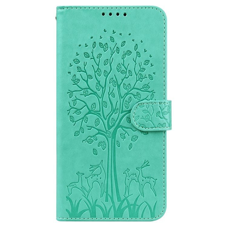 For Realme 8i/Narzo 50 4G Deer Tree Pattern Imprint PU Leather Wallet Stand Mobile Phone Protective Cover Shell - Green