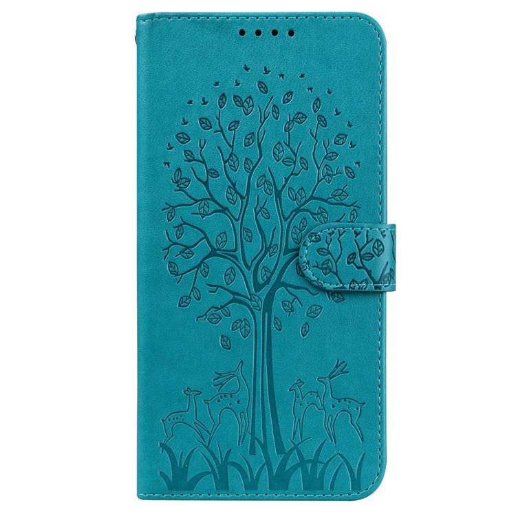 For Realme 8i/Narzo 50 4G Deer Tree Pattern Imprint PU Leather Wallet Stand Mobile Phone Protective Cover Shell - Blue