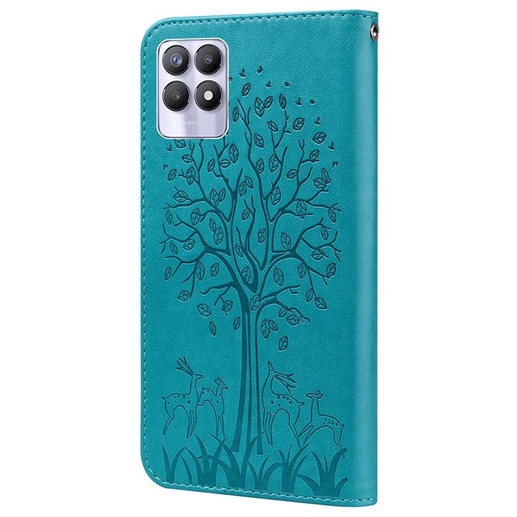 For Realme 8i/Narzo 50 4G Deer Tree Pattern Imprint PU Leather Wallet Stand Mobile Phone Protective Cover Shell - Blue