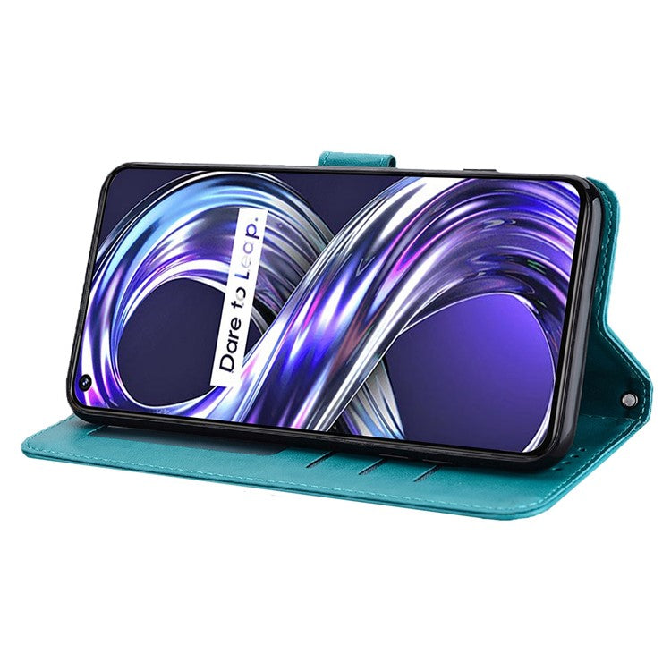 For Realme 8i/Narzo 50 4G Deer Tree Pattern Imprint PU Leather Wallet Stand Mobile Phone Protective Cover Shell - Blue