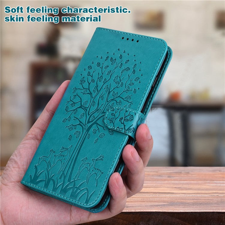 For Realme 8i/Narzo 50 4G Deer Tree Pattern Imprint PU Leather Wallet Stand Mobile Phone Protective Cover Shell - Blue
