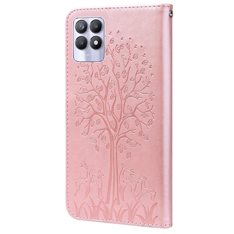 For Realme 8i/Narzo 50 4G Deer Tree Pattern Imprint PU Leather Wallet Stand Mobile Phone Protective Cover Shell - Pink