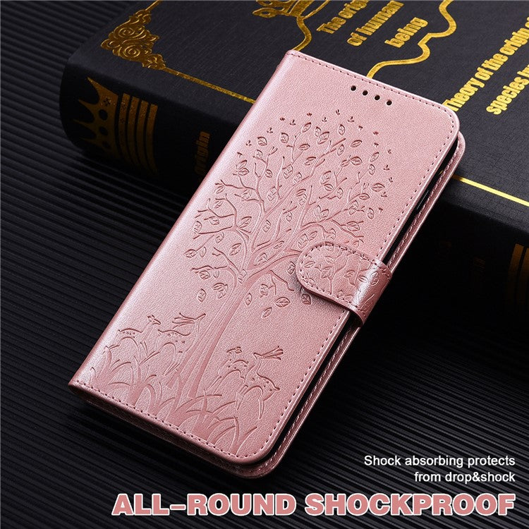 For Realme 8i/Narzo 50 4G Deer Tree Pattern Imprint PU Leather Wallet Stand Mobile Phone Protective Cover Shell - Pink