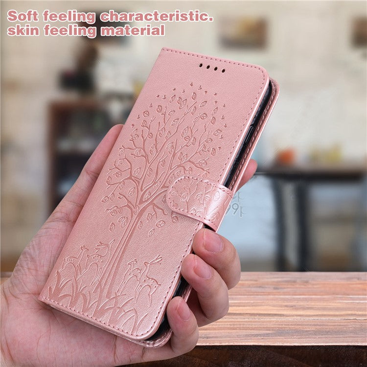 For Realme 8i/Narzo 50 4G Deer Tree Pattern Imprint PU Leather Wallet Stand Mobile Phone Protective Cover Shell - Pink