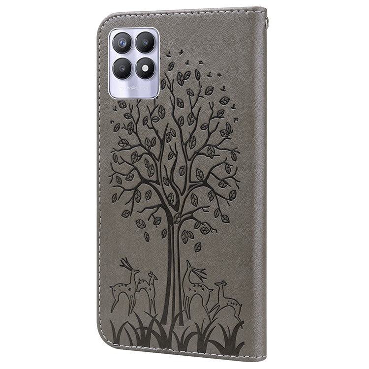 For Realme 8i/Narzo 50 4G Deer Tree Pattern Imprint PU Leather Wallet Stand Mobile Phone Protective Cover Shell - Grey