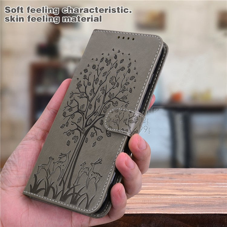 For Realme 8i/Narzo 50 4G Deer Tree Pattern Imprint PU Leather Wallet Stand Mobile Phone Protective Cover Shell - Grey