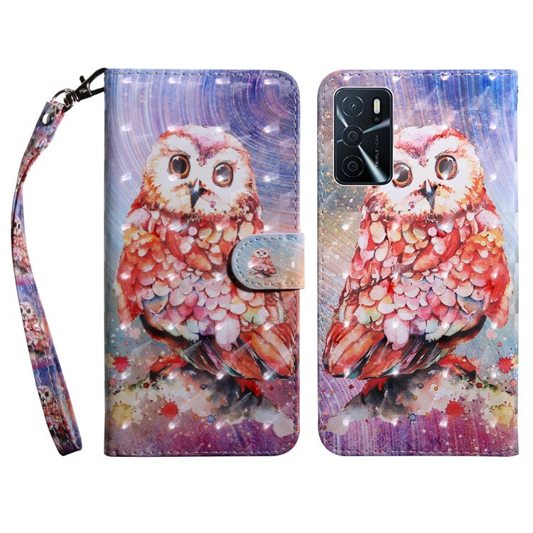 3D Pattern Printing PU Leather Soft TPU Inner Wallet Stand Flip Case with Strap for Oppo A16 / A16s / A54s / A54 4G / A55 5G - Owl
