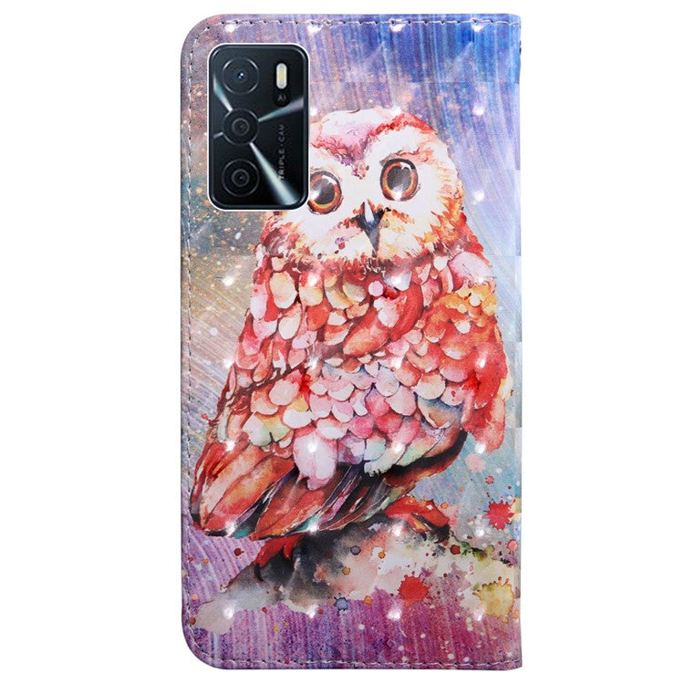 3D Pattern Printing PU Leather Soft TPU Inner Wallet Stand Flip Case with Strap for Oppo A16 / A16s / A54s / A54 4G / A55 5G - Owl